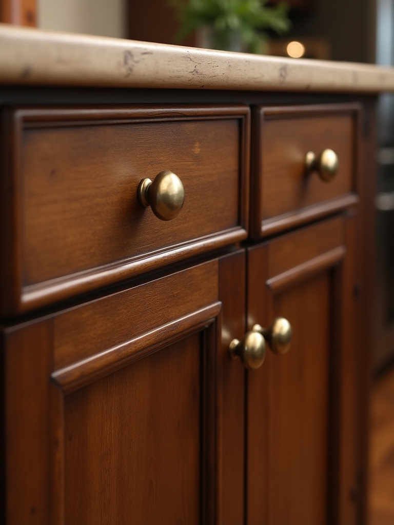 Close-up detail of antique brass knobs and cup pulls on dark wood traditional kitchen cabinets.