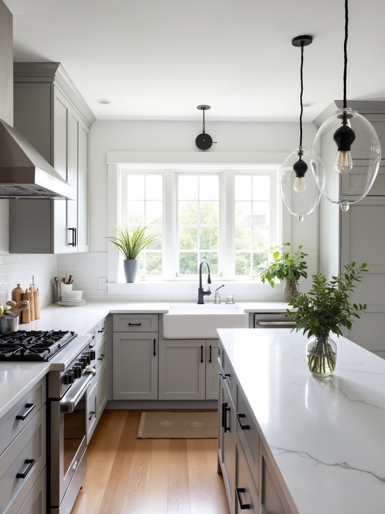 Bright farmhouse kitchen with white quartz countertops, light grey shaker cabinets, and stainless steel appliances bathed in natural light.