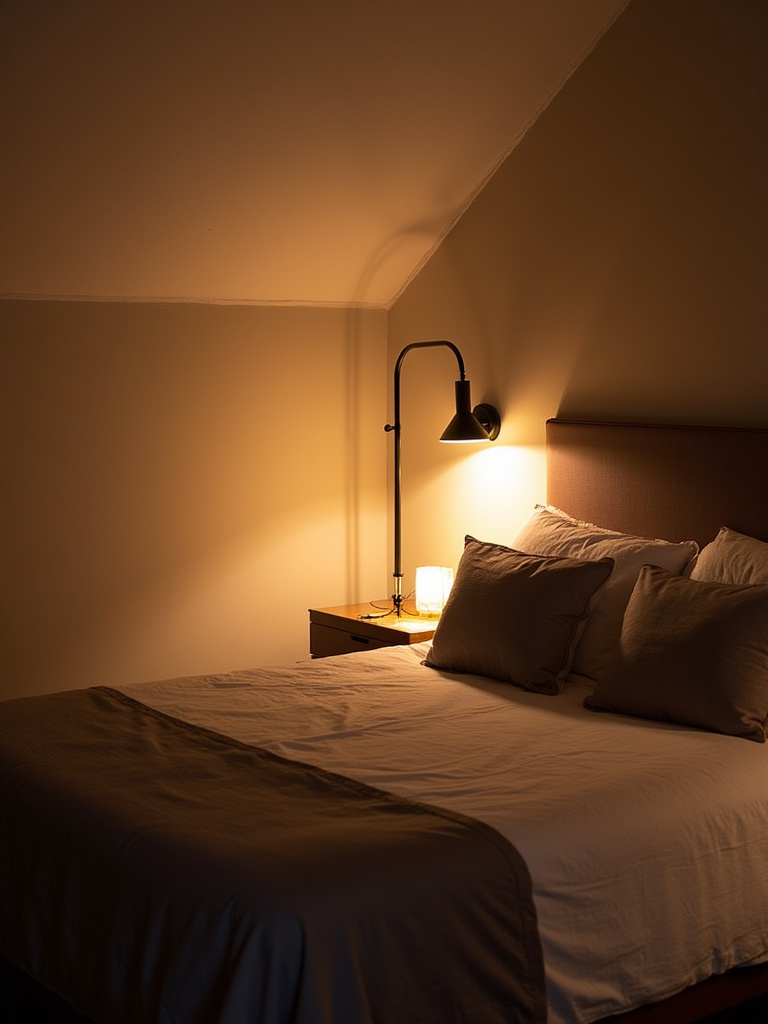 Cozy attic bedroom with a clever lighting scheme, featuring a floor lamp in the corner and wall sconces to brighten dark areas and create a warm ambiance.