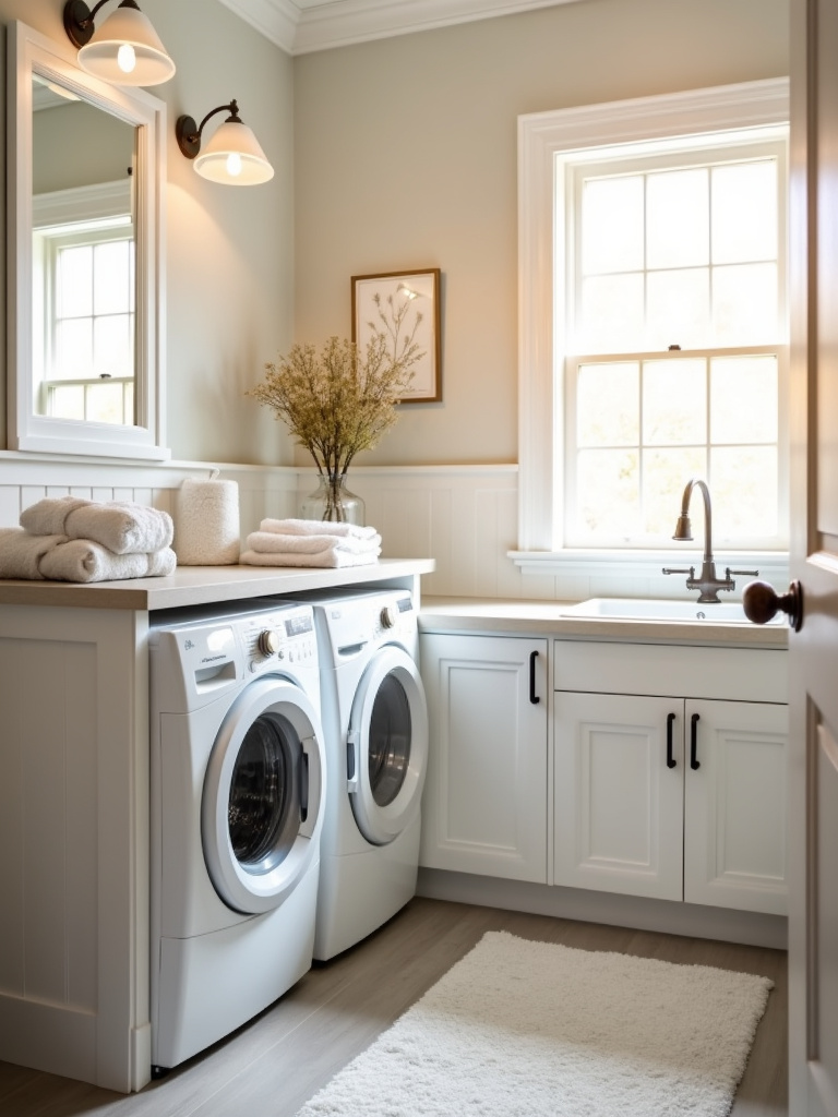 Farmhouse laundry bathroom with washer and dryer hidden behind white shaker cabinet doors.