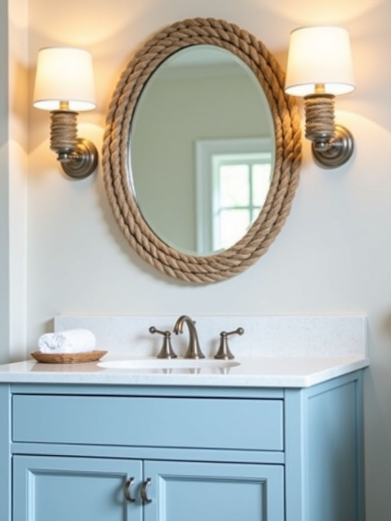 Coastal bathroom vanity featuring rope-wrapped sconces flanking a round mirror, bringing a breezy and nautical touch.