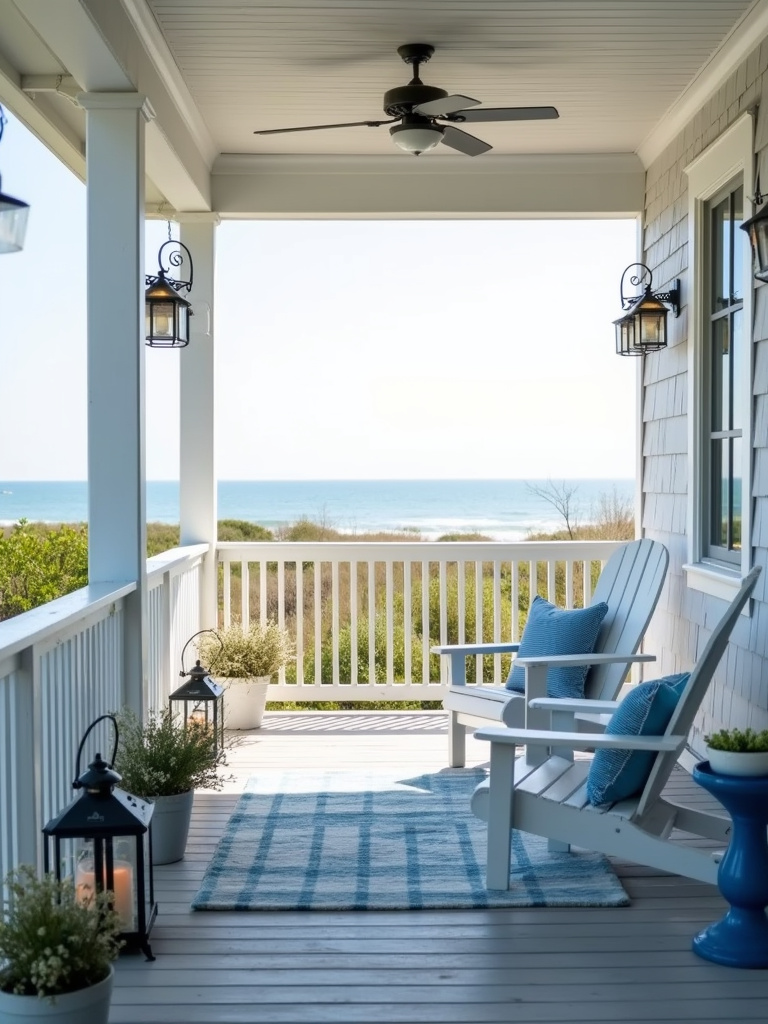 Breezy coastal patio with light gray decking, white Adirondack chairs, nautical decor, and a distant ocean view in soft daylight.