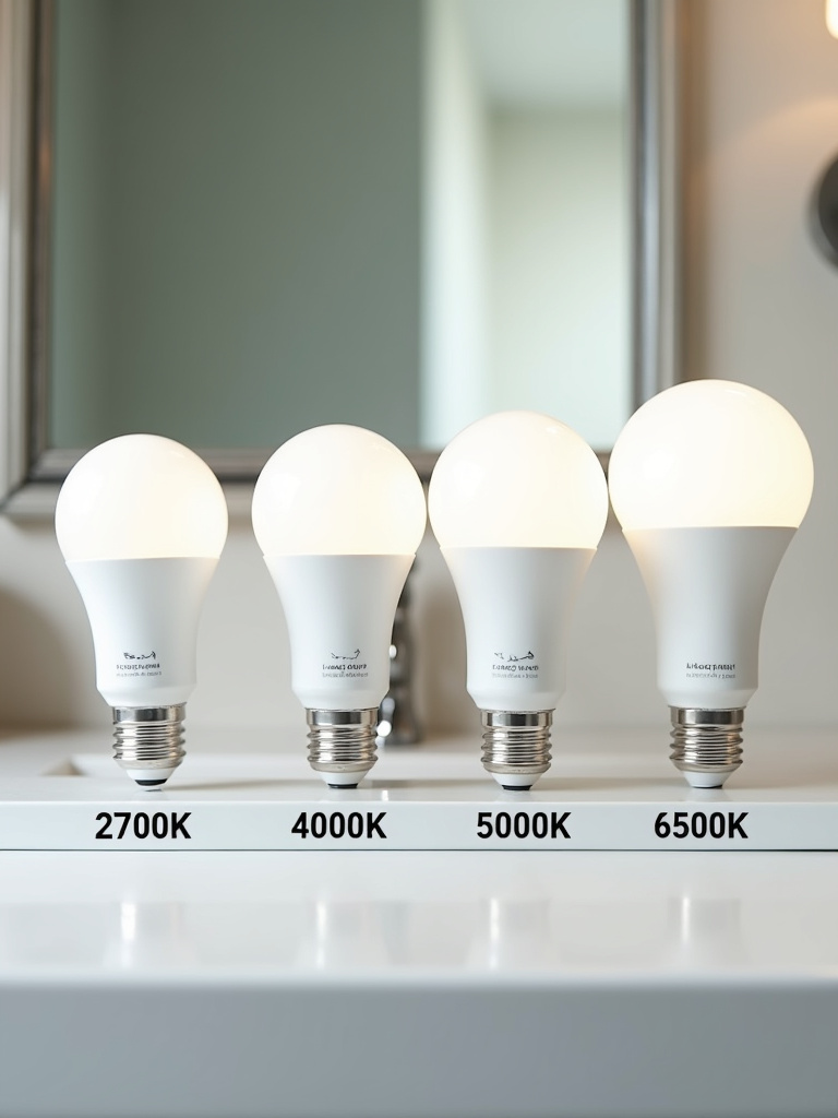 A selection of light bulbs with varying color temperatures, highlighting the importance of choosing the right bulbs for bathroom vanity lighting.