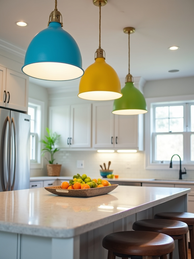 Vibrant, colorful pendant lights in blue, yellow, and green adding a playful touch to a white kitchen island.