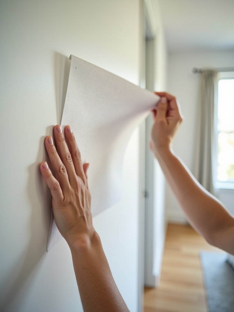 Close-up view of peel and stick wallpaper being applied to a bedroom wall, showcasing the ease of application.