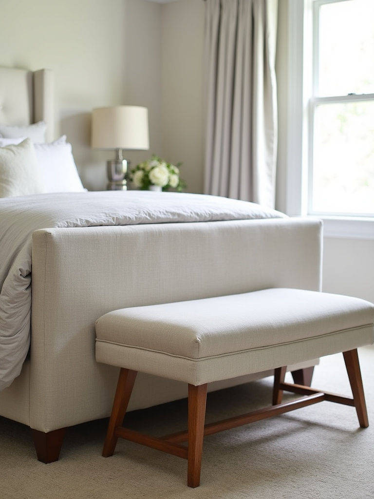 A transitional bedroom featuring a stylish upholstered bench with wooden legs placed at the foot of the bed, adding both functionality and style to the light and airy space.