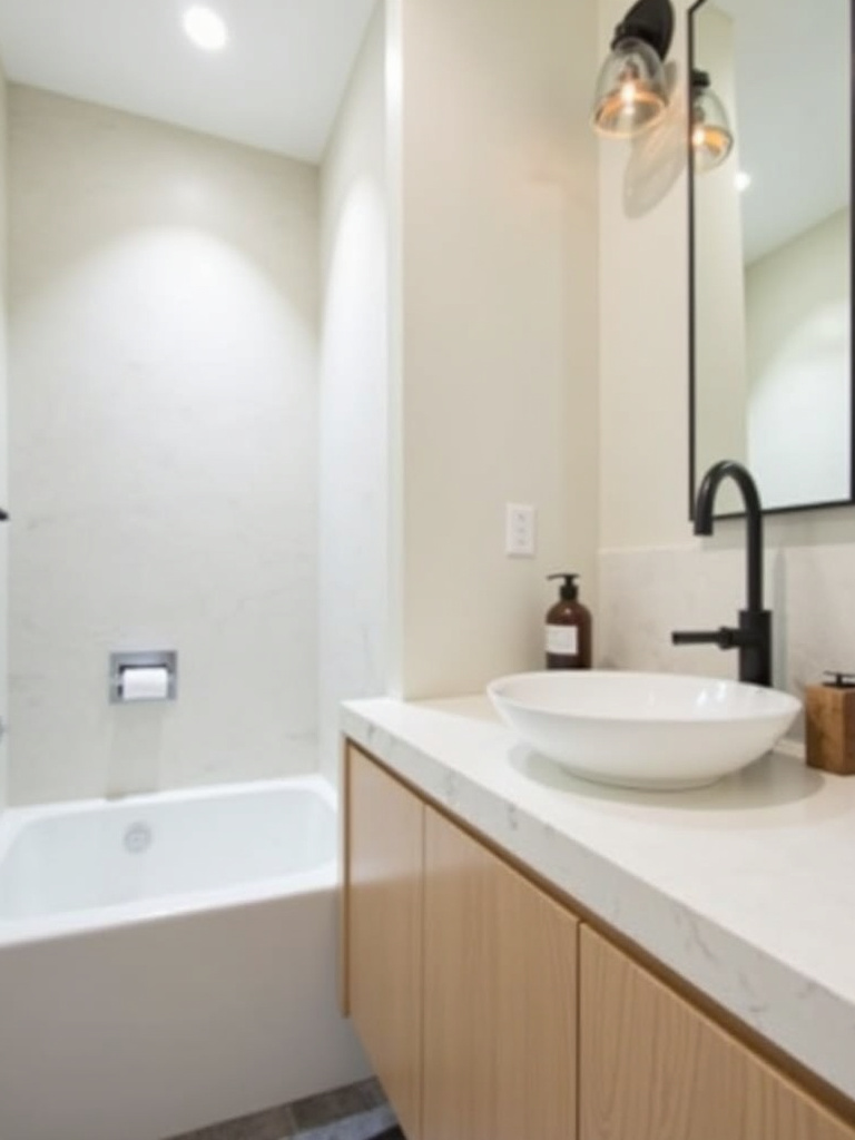 Modern minimalist laundry bathroom with a space-saving wall-mounted faucet and vessel sink.