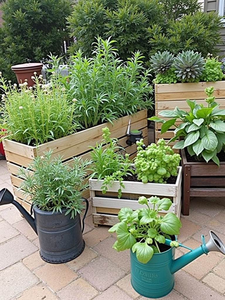 Eclectic collection of repurposed containers including wooden crates, vintage watering cans, and metal tins, all flourishing with healthy vegetable plants.