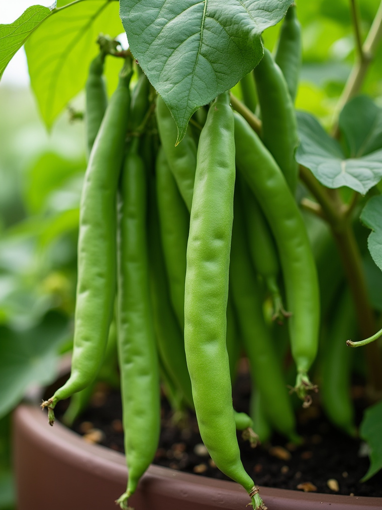 Vibrant green bush beans on a container plant.