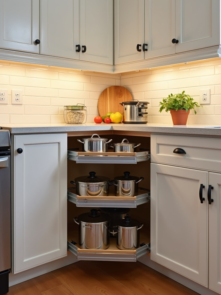 Corner kitchen cabinet with an innovative pull-out shelf system for easy access to stored items.