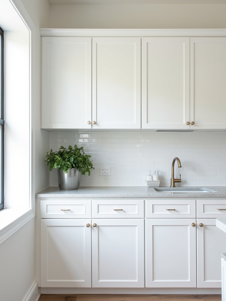 White shaker kitchen cabinets paired with a light gray quartz countertop featuring subtle veining.