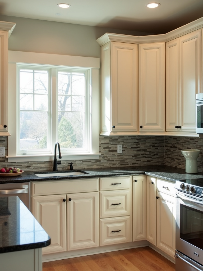 Traditional kitchen with light cream cabinets and contrasting dark granite countertops.