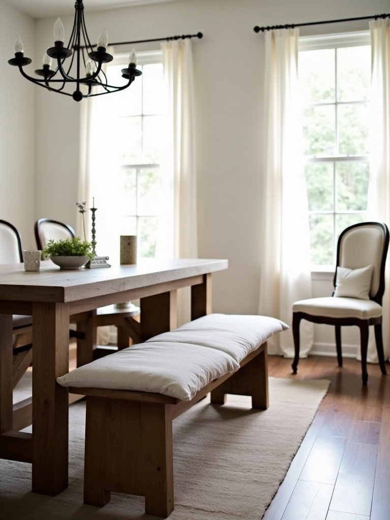 Farmhouse dining room featuring cozy bench seating alongside traditional dining chairs.