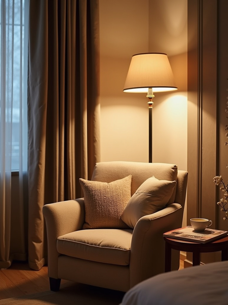 A cozy reading nook in a bedroom with an armchair, floor lamp, side table, and soft lighting next to a window.