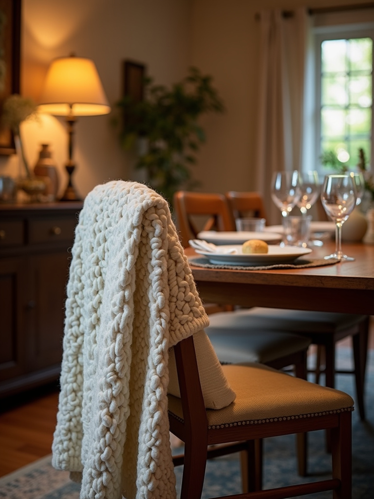 Farmhouse dining room with a cozy throw blanket adding warmth and texture to a dining chair.