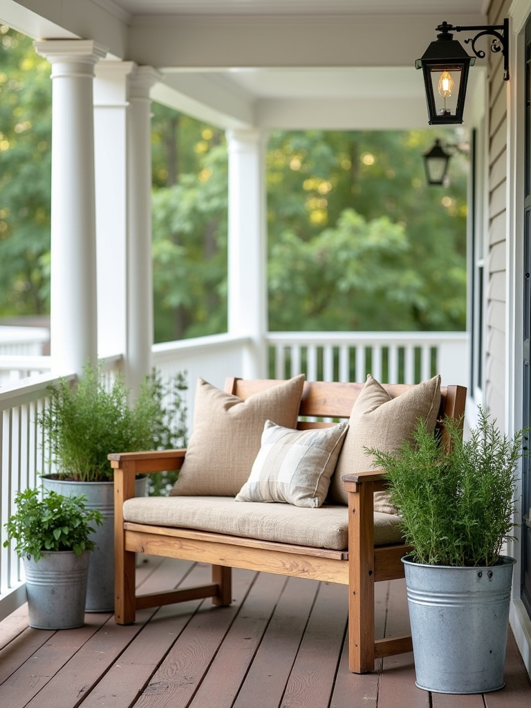 Reclaimed wood, burlap, and galvanized metal accents create a cozy farmhouse vibe on a back porch.