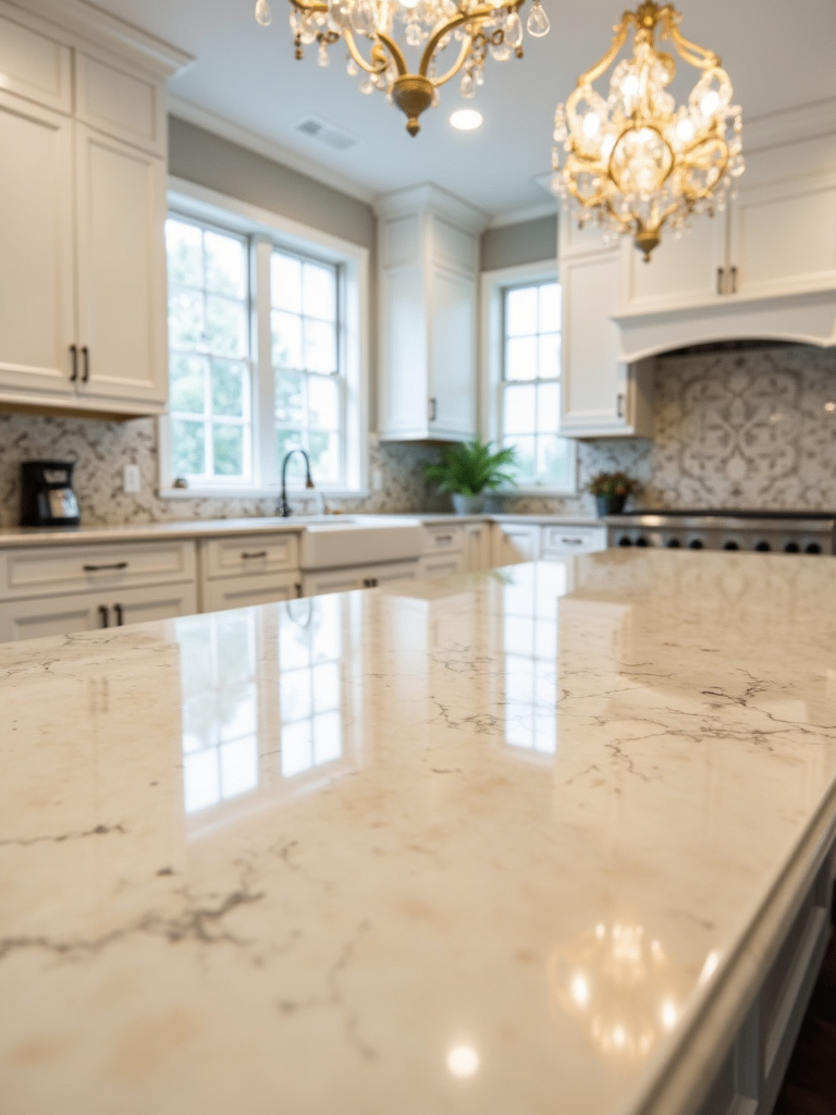 Luxurious traditional kitchen featuring creamy beige marble countertops, white cabinets with gold hardware, and soft diffused lighting.
