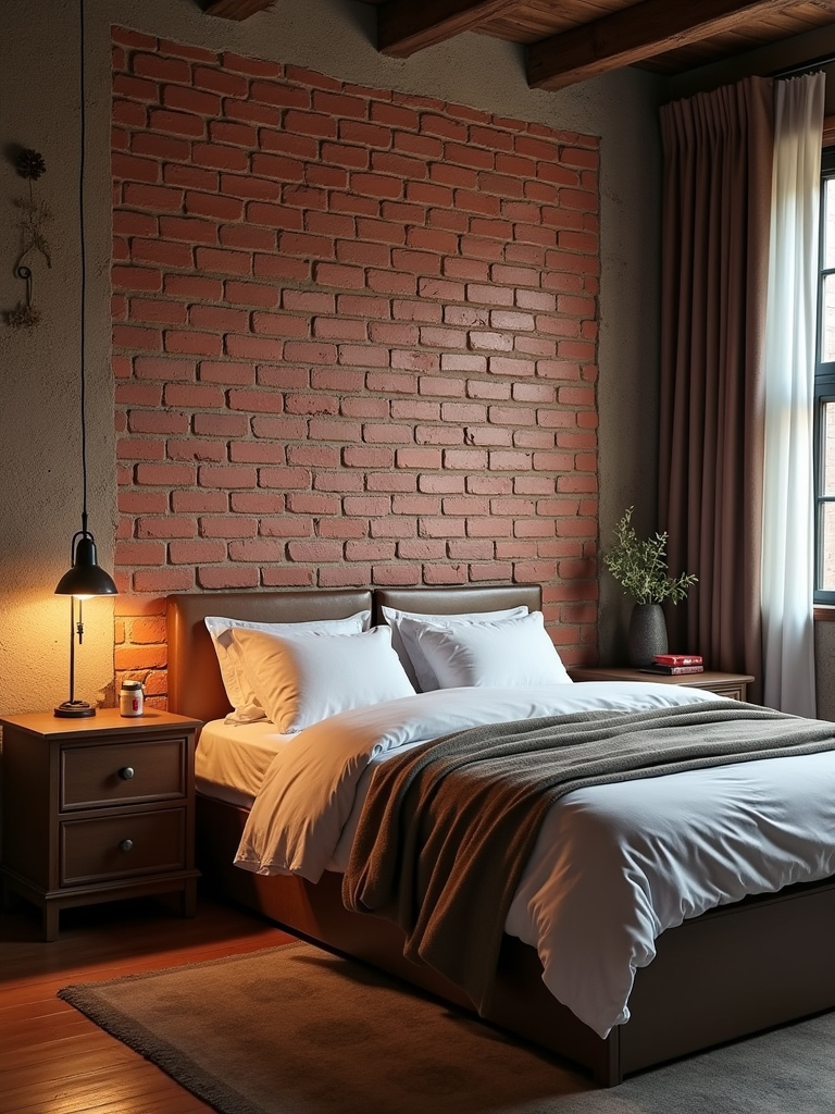 Bedroom with 3D brick effect wallpaper, industrial-style furniture, and warm lighting.