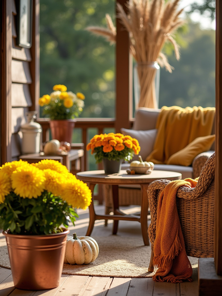 A back porch decorated for autumn with potted mums, pumpkins, and amber throws creates seasonal interest and warmth.
