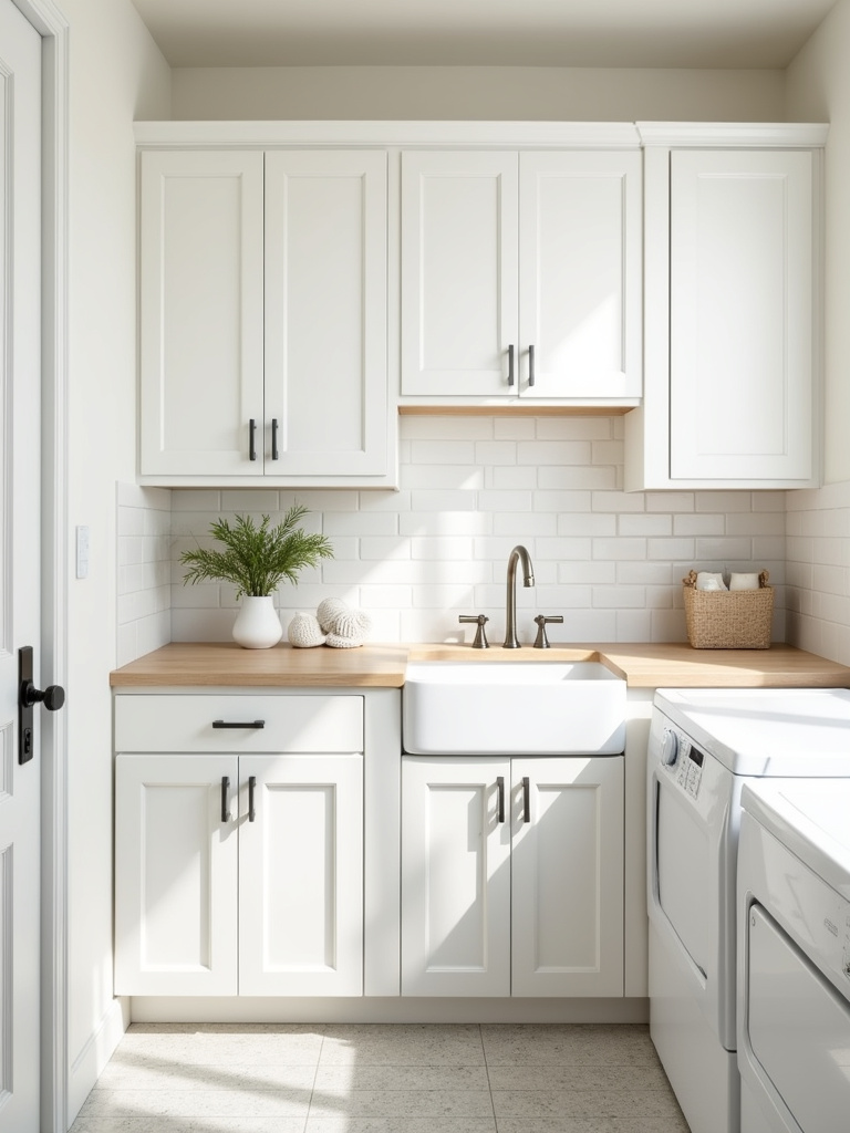 Cohesive farmhouse style laundry bathroom with matching white shaker cabinetry.