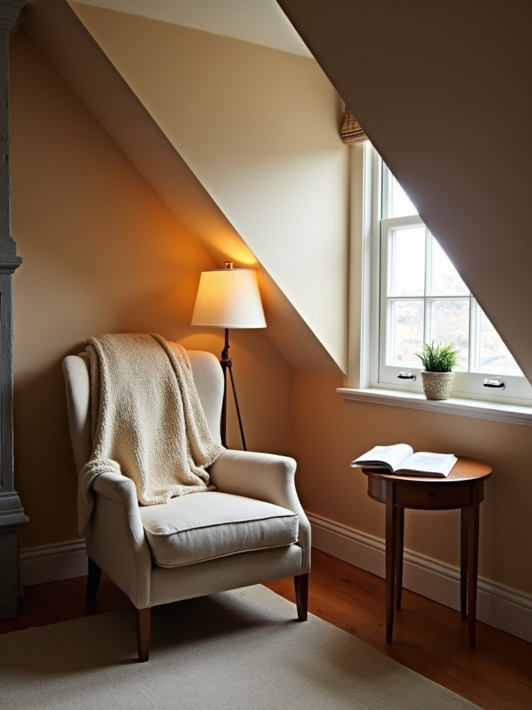 Cozy attic bedroom featuring a reading nook nestled under the sloped ceiling, complete with an armchair, reading lamp, and soft blanket for ultimate relaxation.