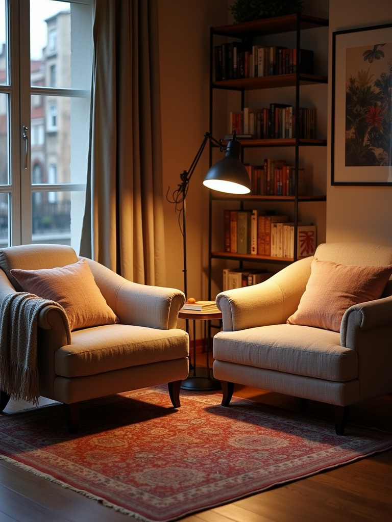 A warmly lit bohemian-style bedroom corner transformed into a cozy reading nook with two armchairs, a small round table, patterned rug, and soft throws, inviting relaxation.