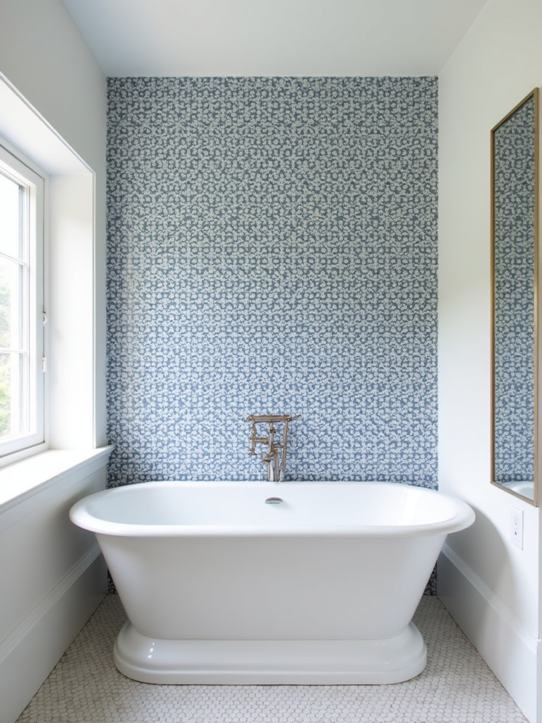 Bohemian style bathroom with a blue and white patterned encaustic tile feature wall behind a white freestanding bathtub.