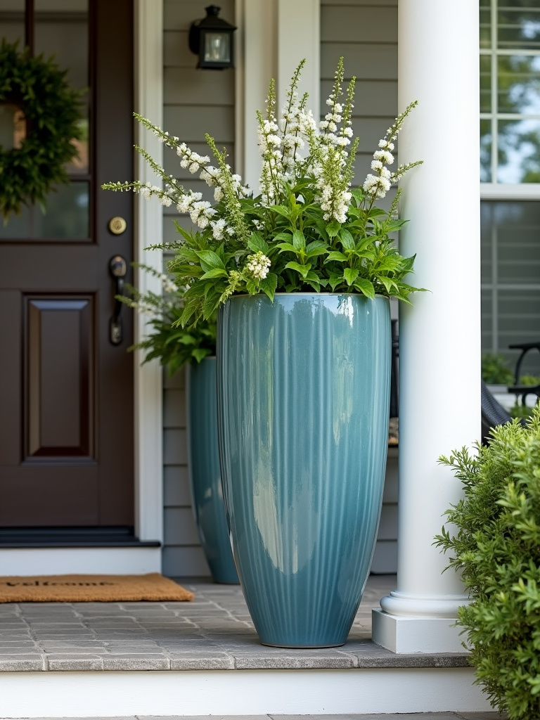 A tall blue ceramic statement planter with lush greenery and white flowers creates a focal point at a back porch entryway.