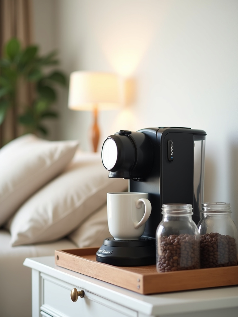 A close-up shot of a minimalist mini coffee station in a bedroom, featuring a sleek coffee maker, mugs, coffee beans, and a wooden tray, creating an inviting setup for a morning ritual.