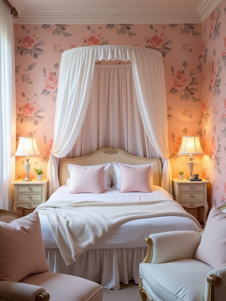 Romantic bedroom featuring soft blush pink floral wallpaper, canopy bed, vintage furniture, and warm lighting.