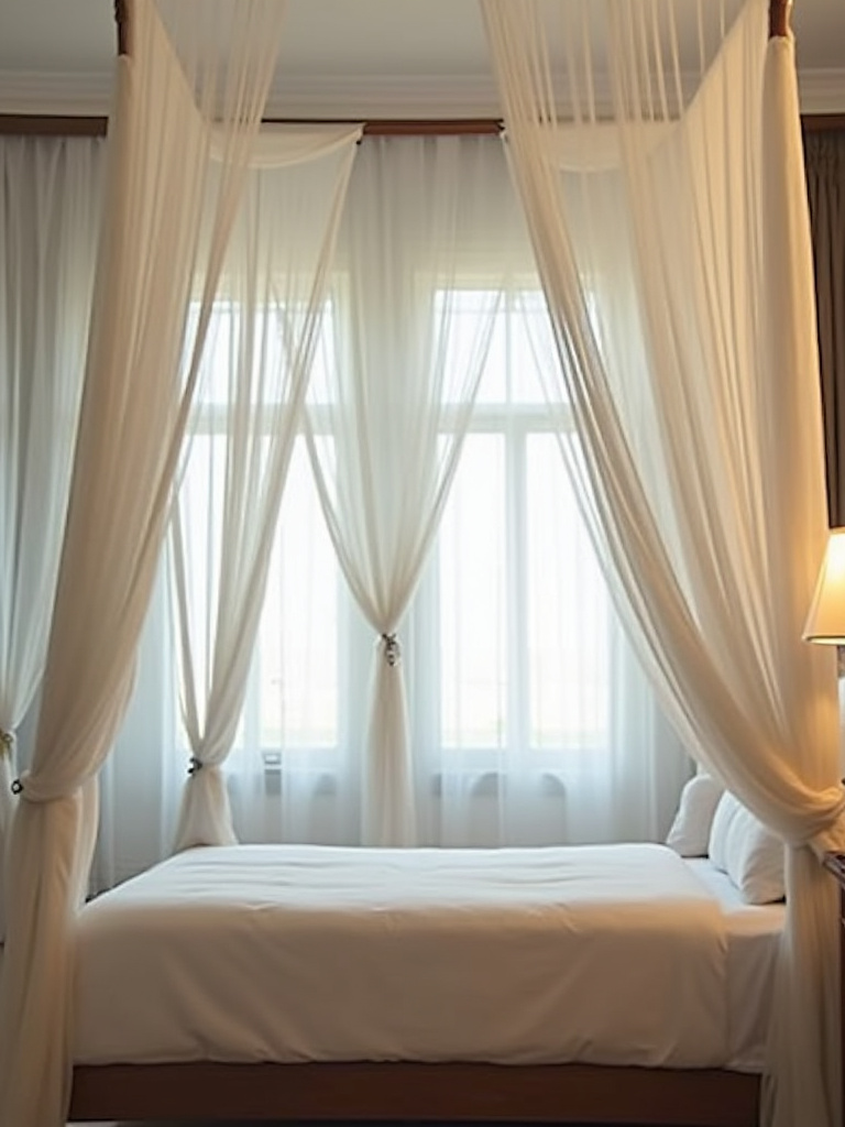 A luxurious bedroom featuring a canopy bed draped with sheer white fabric creating a sanctuary-like atmosphere.