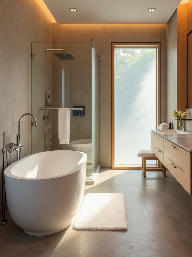 A modern minimalist spa-like bathroom retreat featuring a freestanding bathtub, rainfall shower, natural stone tiles, wooden accents, plush white towels, and an aromatherapy diffuser, creating a serene and relaxing environment.