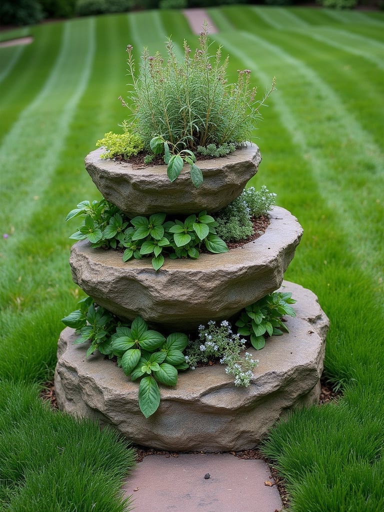 An herb spiral garden island made of natural stone with herbs like rosemary, thyme, and basil growing in a spiral pattern in the middle of a lawn.