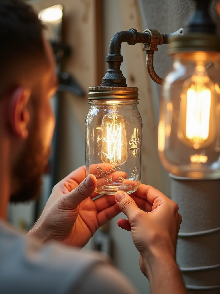 Close-up view of hands assembling a DIY bathroom vanity sconce using a mason jar and metal piping, showcasing creative and custom lighting projects.
