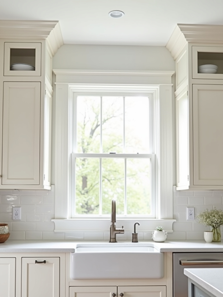 Traditional white kitchen cabinets featuring elegant crown molding that reaches the ceiling.