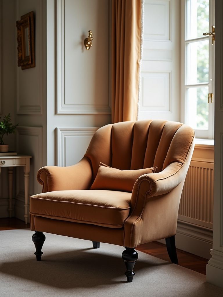 An elegant bedroom featuring a plush velvet armchair bathed in soft natural light.