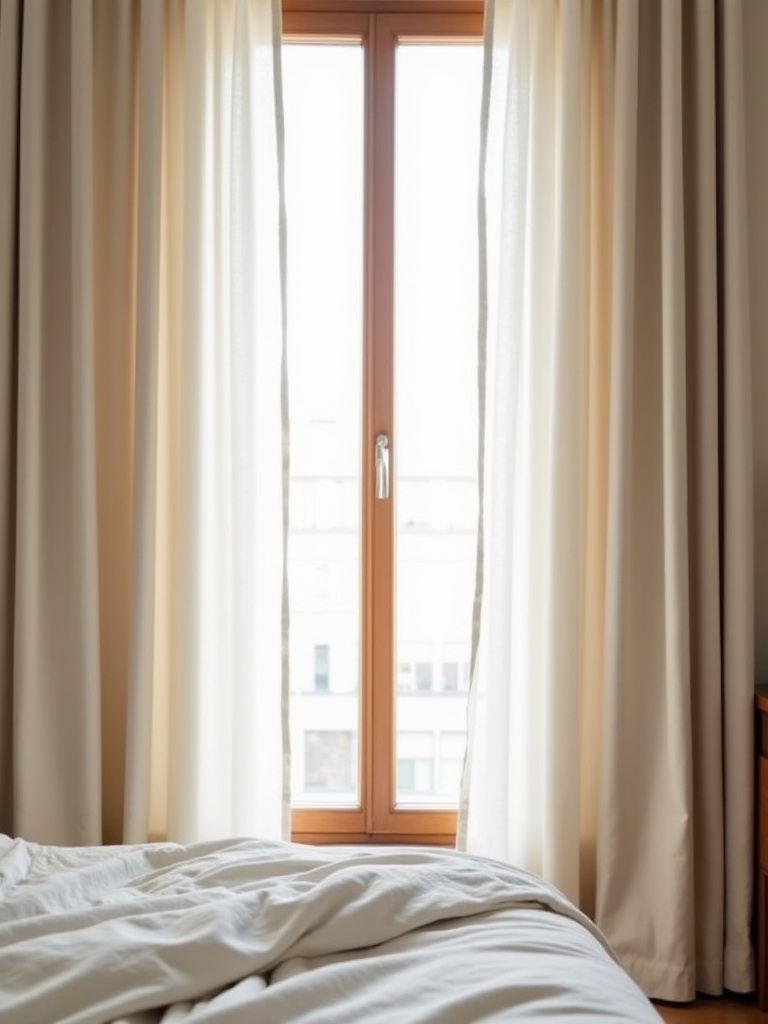 Floor-to-ceiling linen curtains in a bedroom window, softly diffusing natural light into the room.