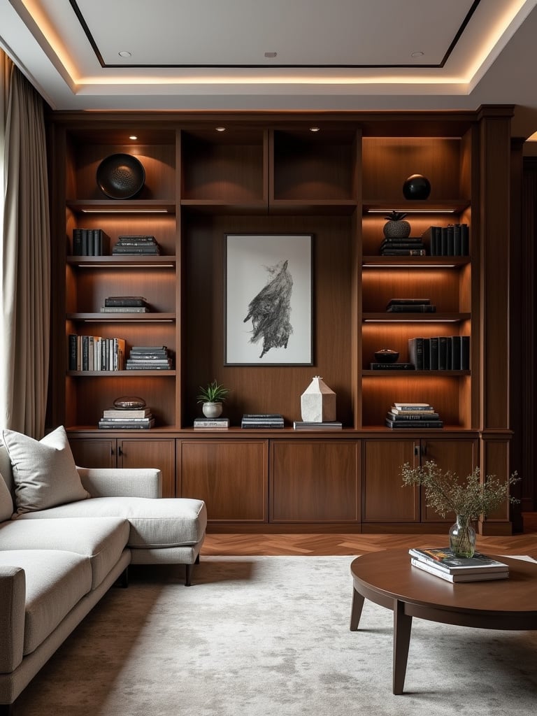 Wall of custom built-in shelving in dark wood, styled with books and decor in a luxury living room.