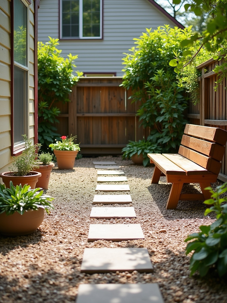 DIY backyard patio project with a gravel patio, paver stepping stones, DIY wooden benches, repurposed planters, and bright sunny daylight.