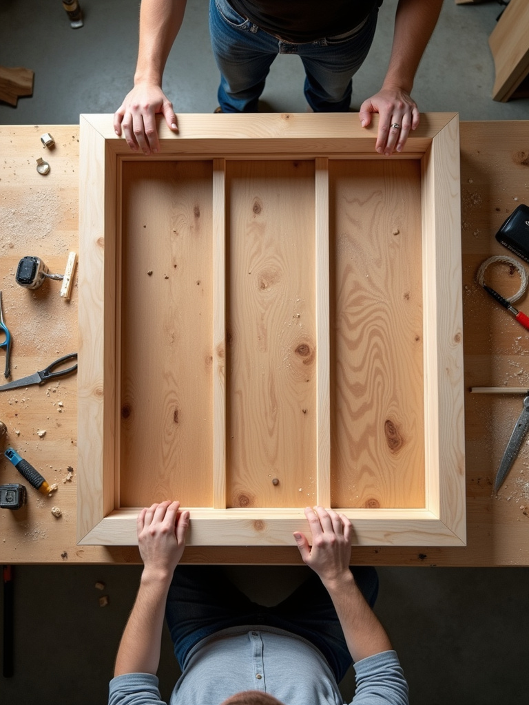 A workbench scene from above, showcasing hands assembling a wooden dining table frame with tools and wood pieces scattered around.