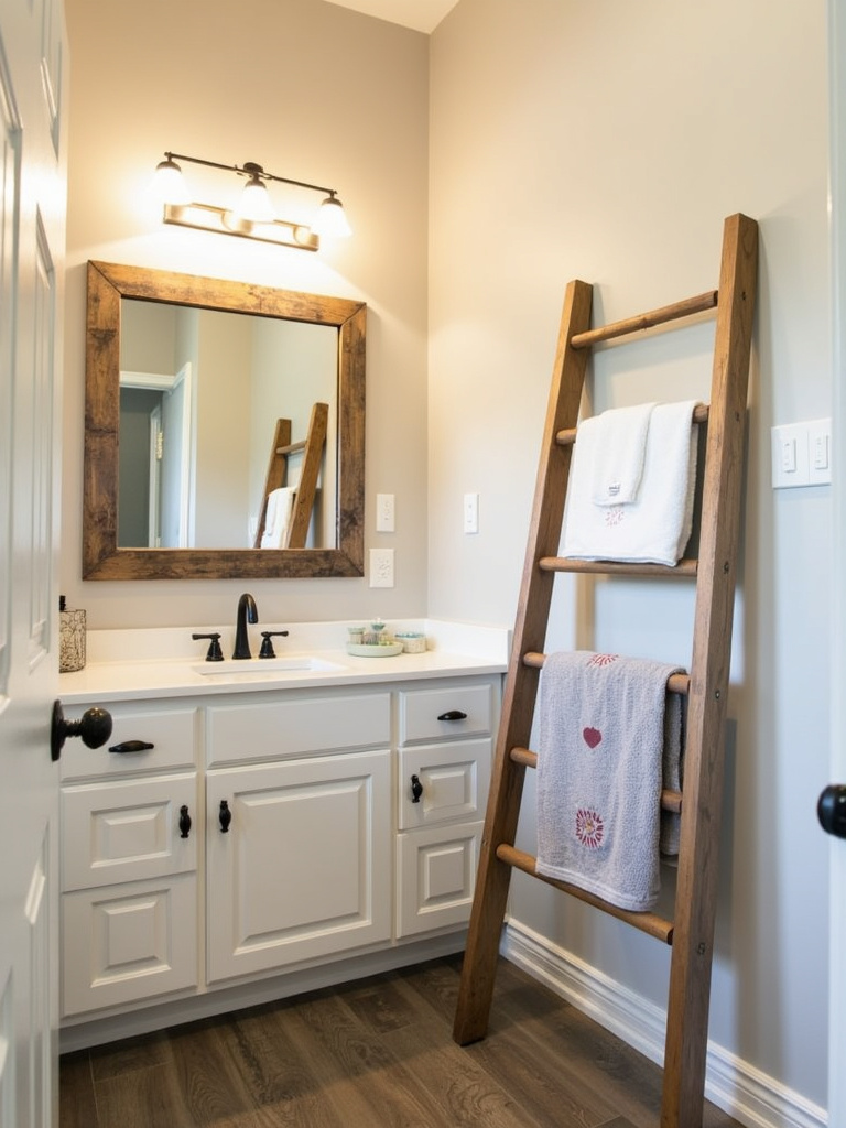 Rustic farmhouse bathroom featuring a DIY reclaimed wood framed mirror and a DIY wooden towel storage ladder, showcasing unique style.