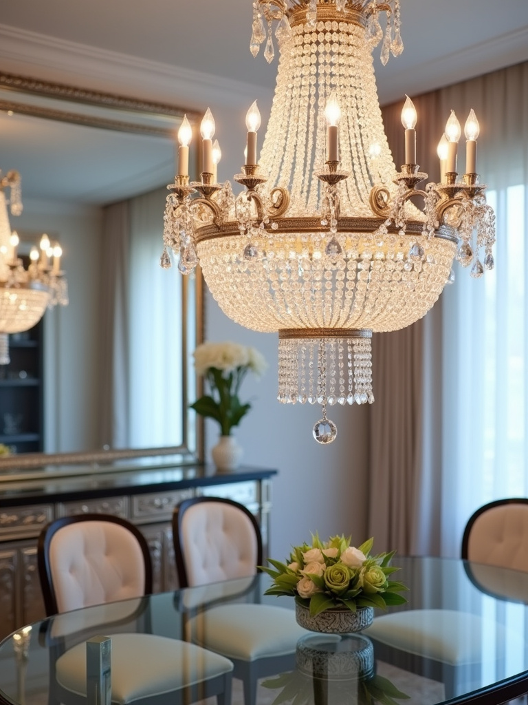 “Dazzling crystal chandelier with cascading crystals in a glamorous dining room with mirrored accents.”