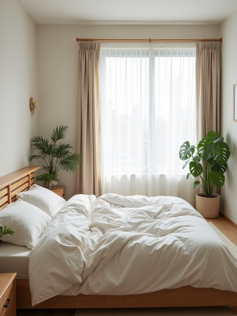 A serene Japandi-style bedroom characterized by its minimalist furniture, clean lines, uncluttered surfaces, and neutral color palette, bathed in soft natural light and enhanced by simple bedding and natural plants.
