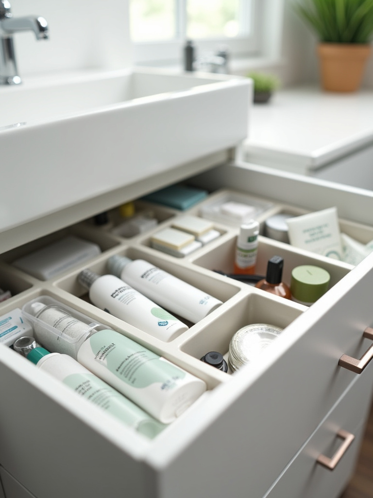 Organized bathroom vanity drawer with drawer organizers neatly holding toiletries, showcasing smart storage.