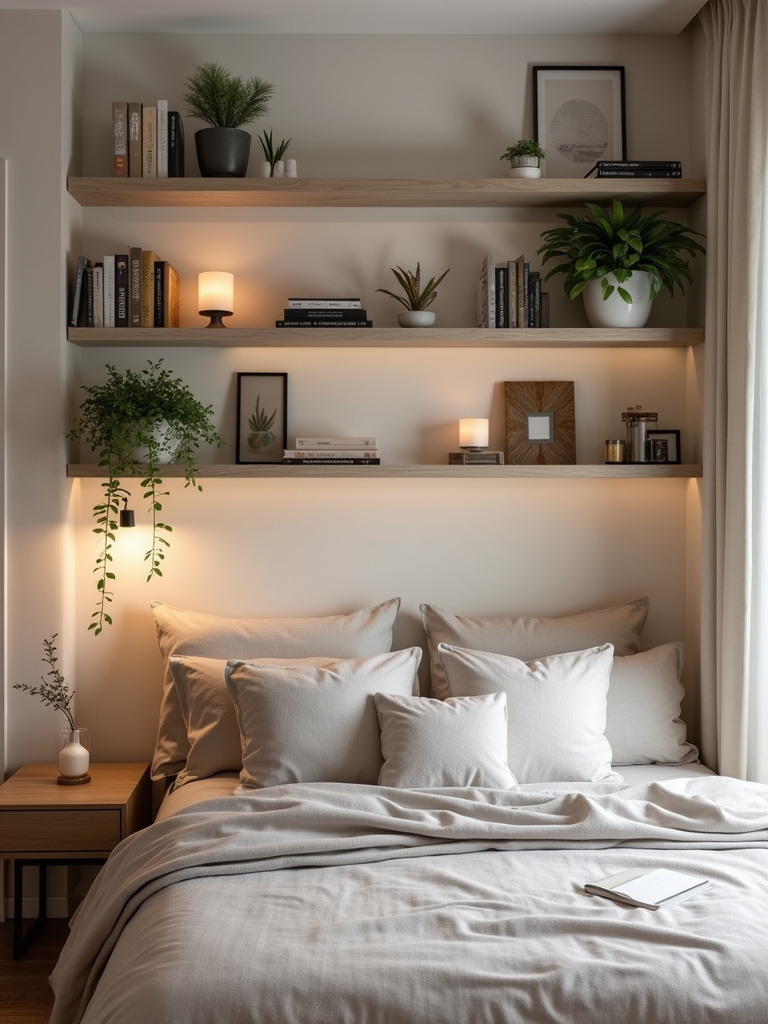 ecorative floating shelves in a bedroom, styled with books, plants, candles, and decorative objects, illuminated by soft warm lighting.