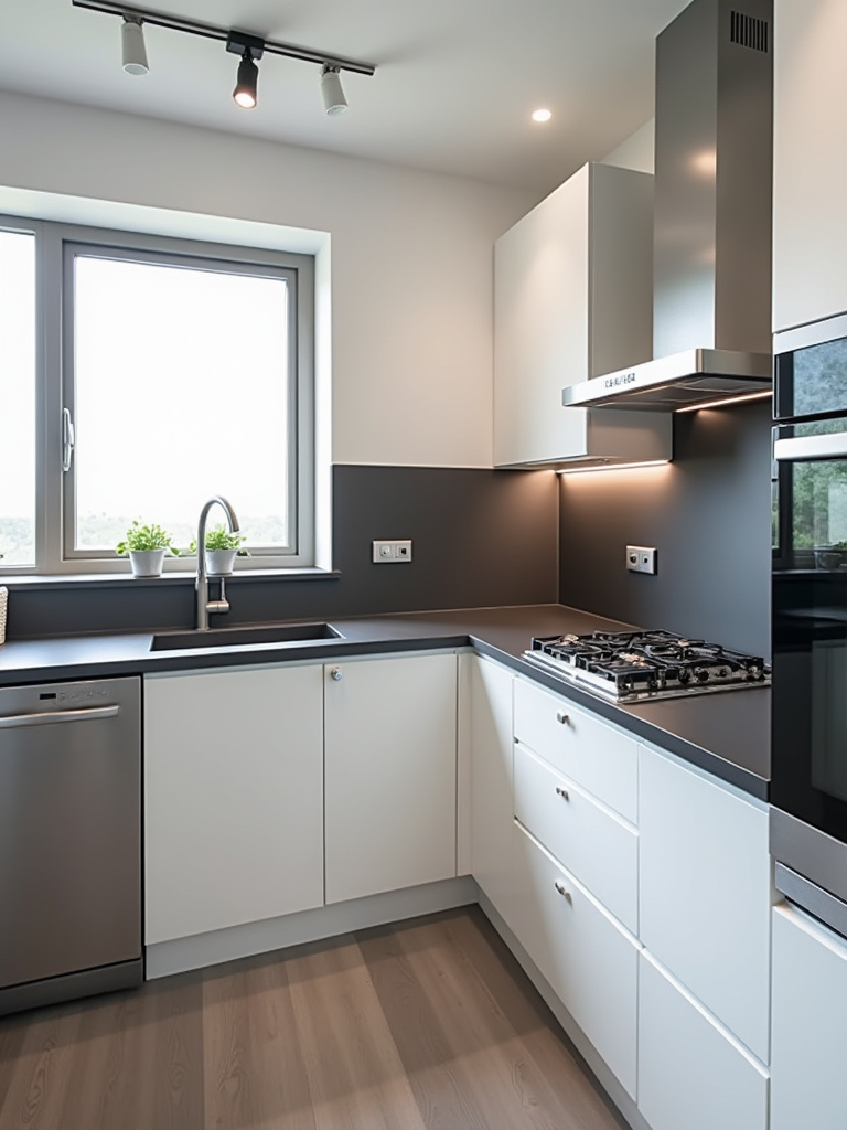 Modern minimalist kitchen with deep charcoal matte quartz countertops, white flat-panel cabinets, and stainless steel appliances.