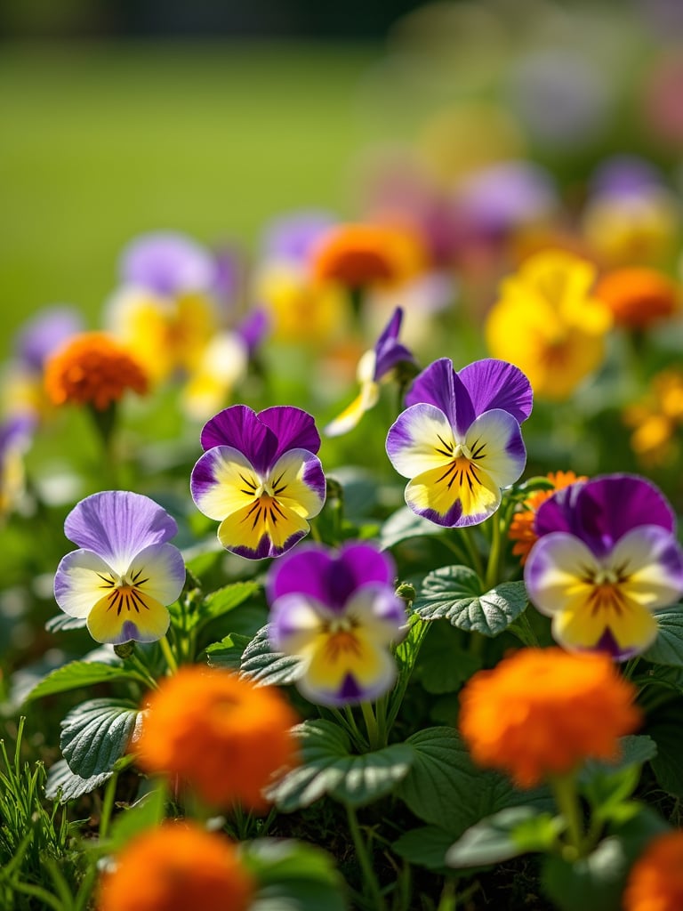 An edible flower lawn garden area with a variety of colorful edible flowers like pansies, nasturtiums, and violas in bloom.