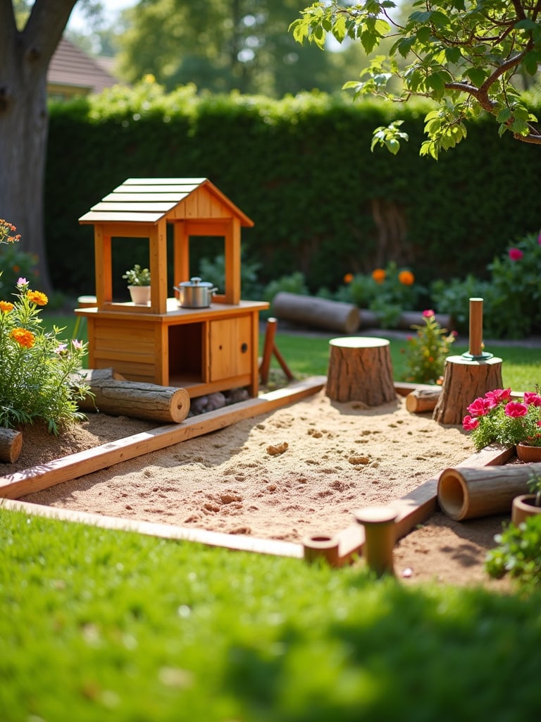 A children’s play garden zone in a lawn with a sandbox, mud kitchen, logs, stumps, and colorful flowers.