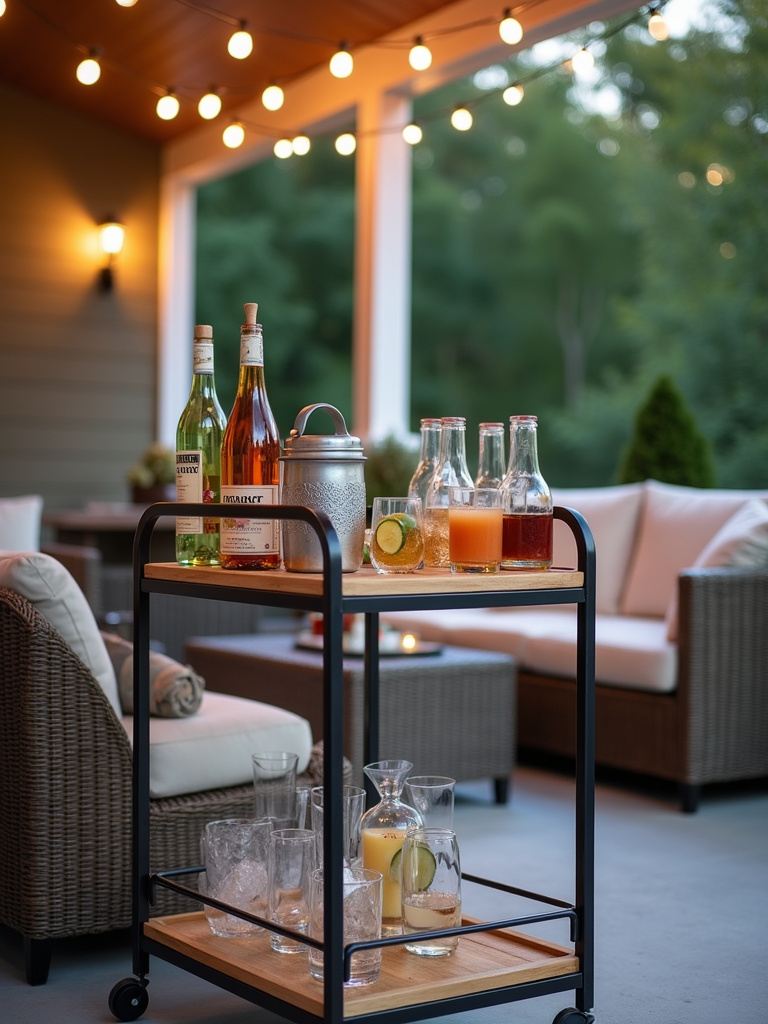 A stylish bar cart functions as a functional outdoor drink station on a back porch for entertaining guests.