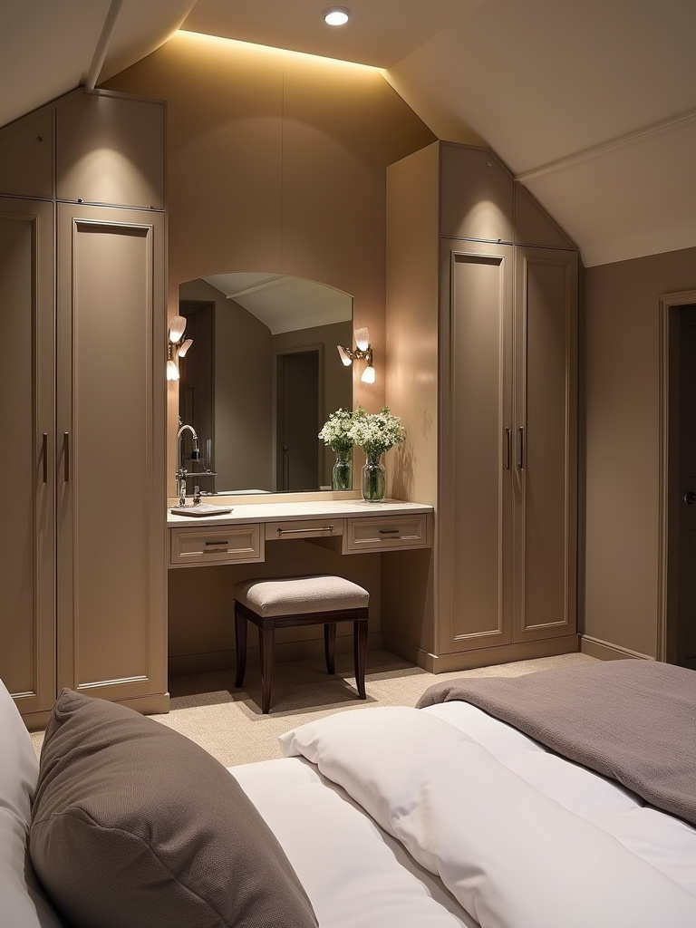 Luxurious dressing area within an attic bedroom, featuring built-in wardrobes, a vanity with elegant lighting, and sophisticated styling.